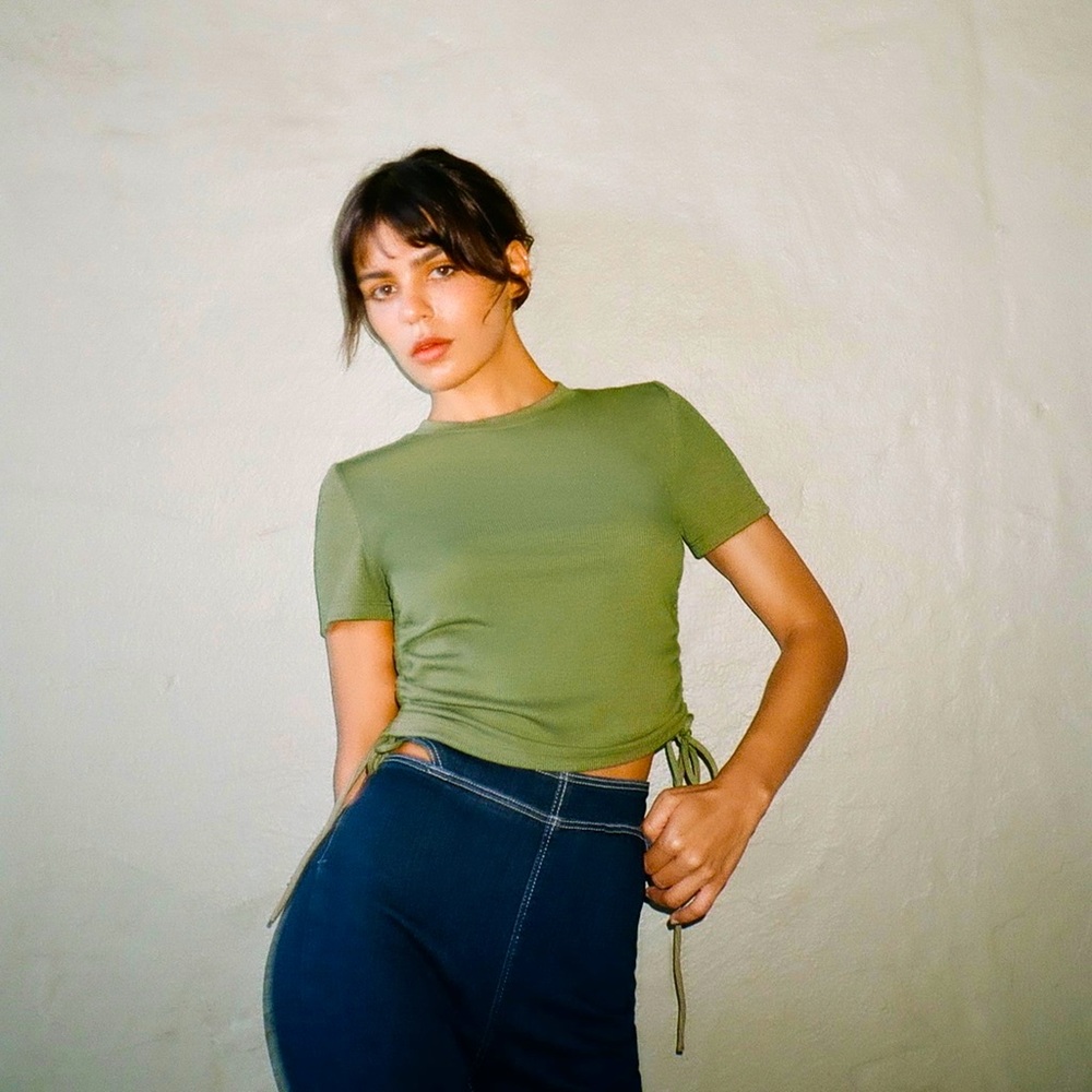 ZARA PASTEL GREEN TOP WITH RUCHED SIDES AND SIDE TIES